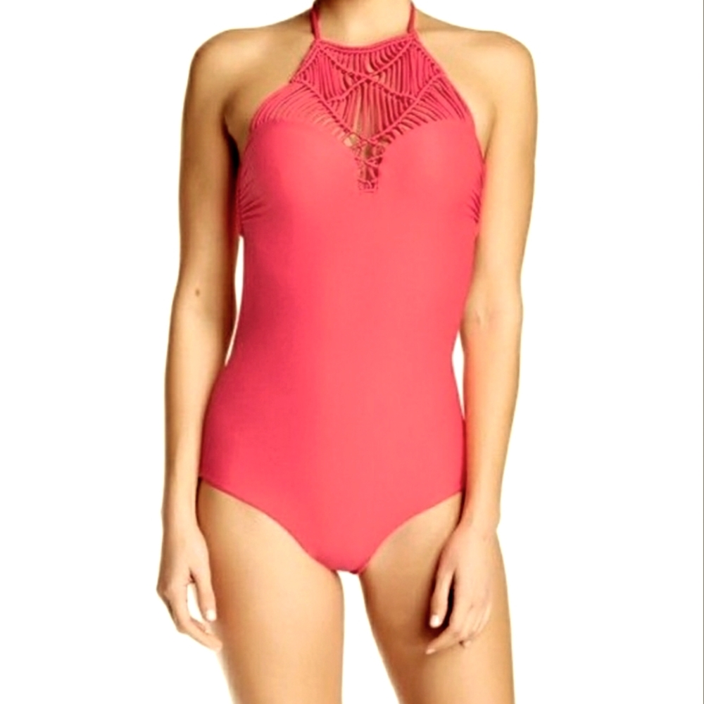 Mikoh Moorea Macrame Halter Monokini Bright Coral Pink Color Size M